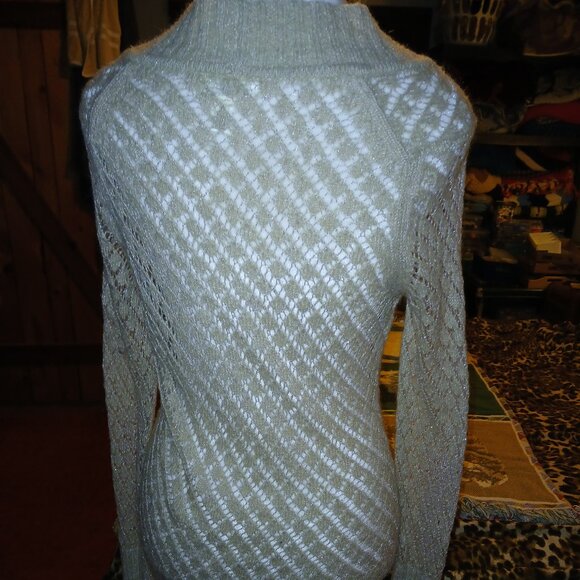 Ann Taylor Loft Women's Size Small Cream Gold Long Sleeve Deep V Neck Sweater - Picture 11 of 13